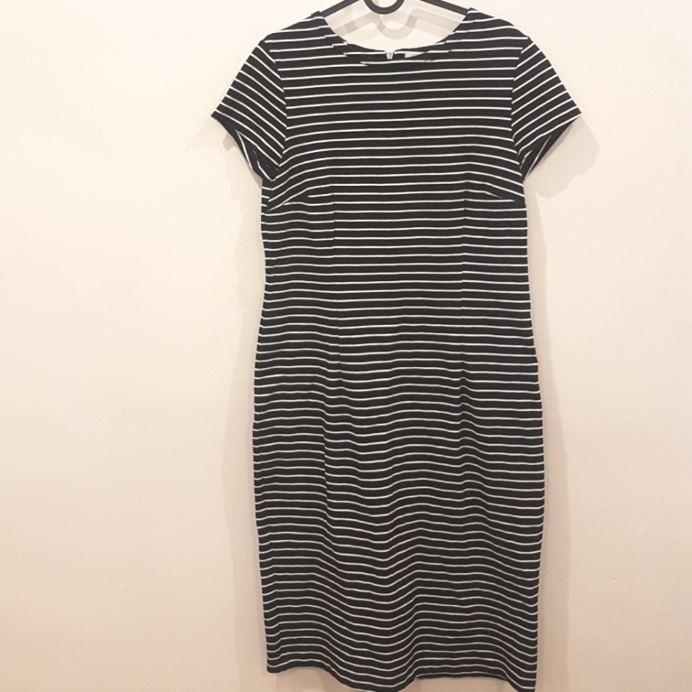 Simons Black and White Stripped Sheath Midi Dress